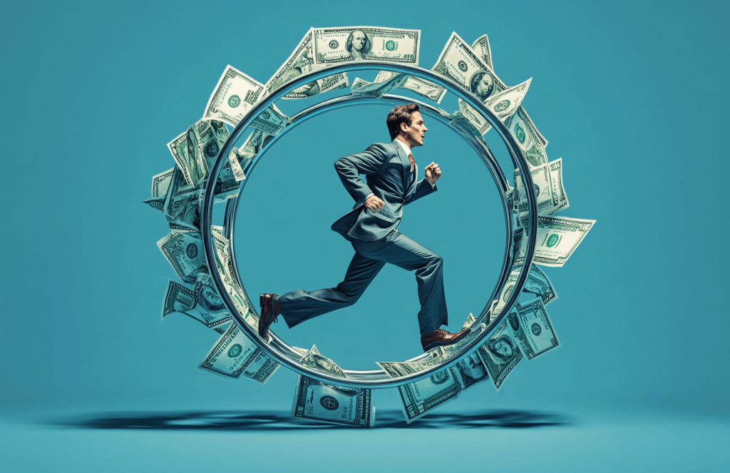 Businessman Running in a Hamster Wheel Made of Paper Bills