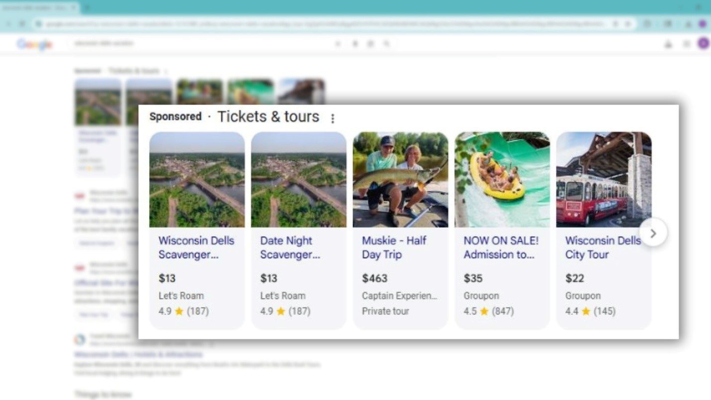 A screenshot of a website Wisconsin Dells Tours in Peak Season