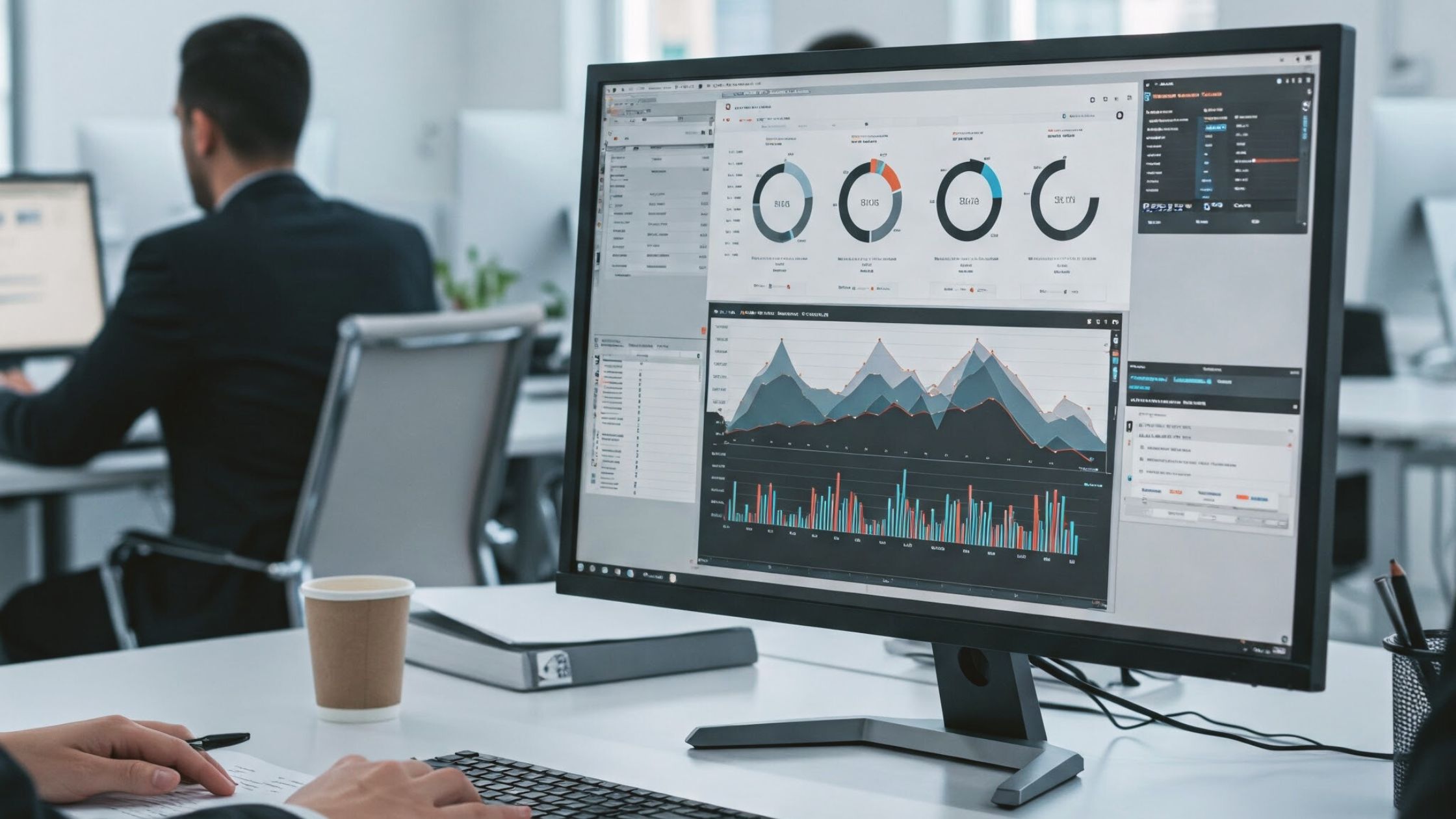 A monitor on an office desk showing graphs and charts